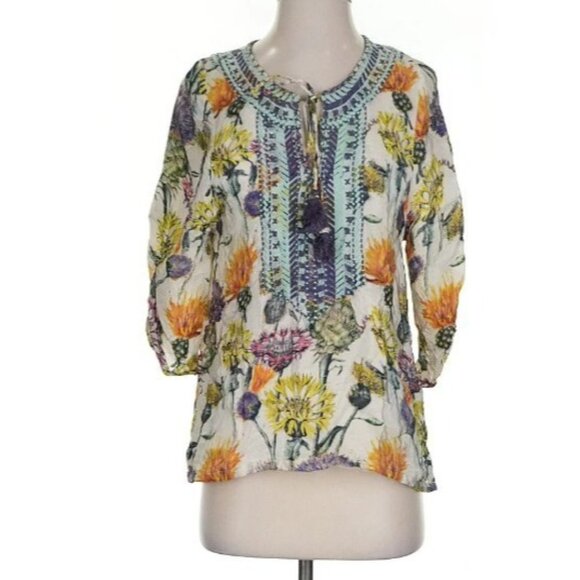 Tolani Floral Boho Tunic Top Womens Size Small Tassel Tie V Neck Sheer India - Picture 2 of 12